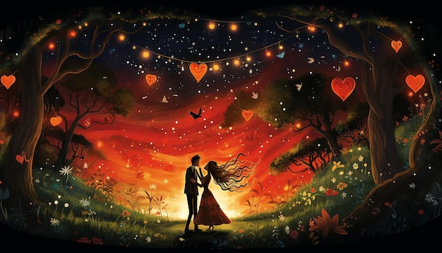 Foto grande ballo di san valentino che balla sotto una costellazione a forma di cuore generata da ai