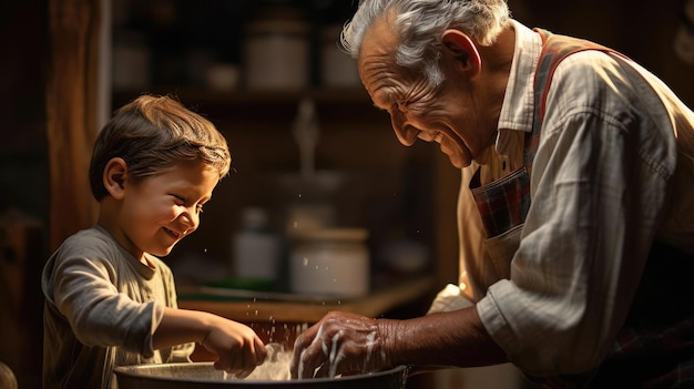 Grandchild and grandparent washing dishes