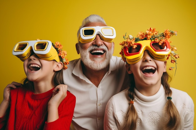 Grandchild and Grandparents Sharing Joy in VR Glasses. Generative By Ai