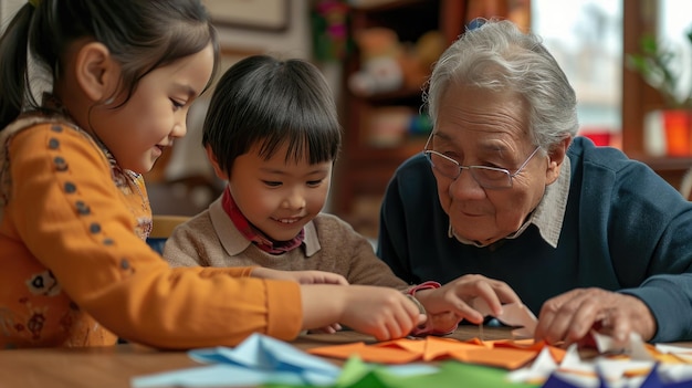 사진 grandchildren learning from grandparents chinese new year