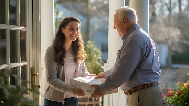 A granddaughter is delivering a package to her grandfather