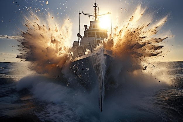 Grandeur and power of the vessels as they engage in combat with towering plumes of water rising