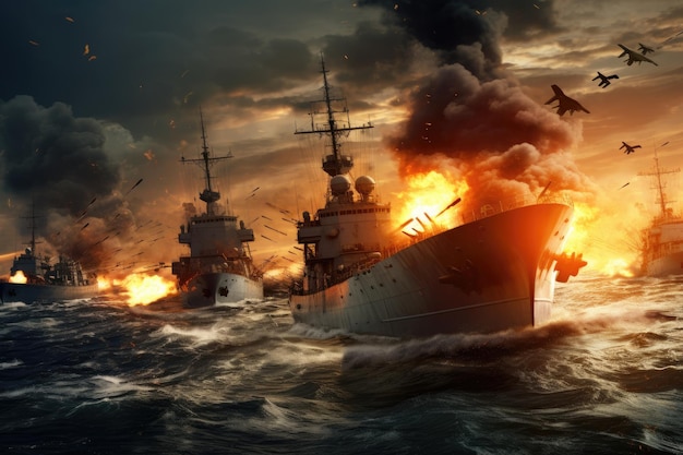 Grandeur and power of the vessels as they engage in combat with towering plumes of water rising