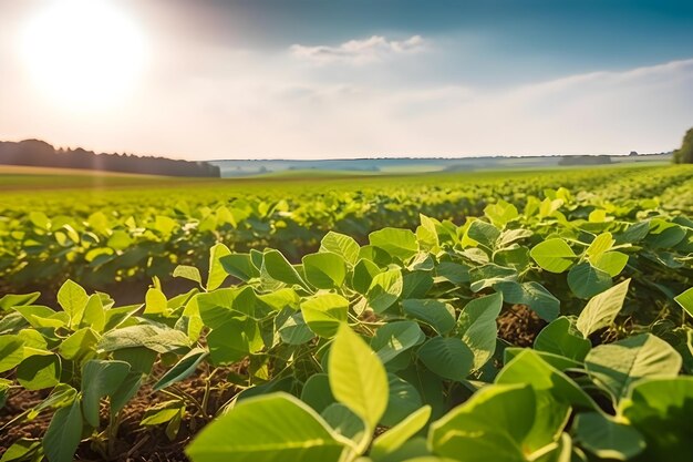 晴れた夏の日に中央ピボットを備えた広大な大豆プランテーション農場の壮大さ