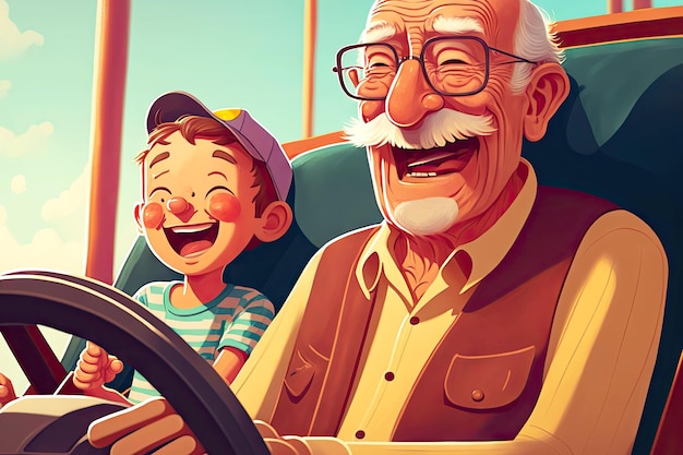 Фото Дедушка и внук в парке развлечений катаются на машинах