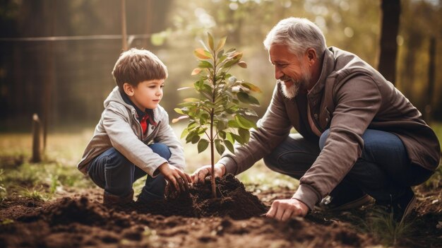 写真 祖父と孫が一緒に木を植える