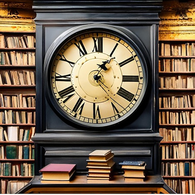 A grandfather clock ticking away in a forgotten corner of an old library