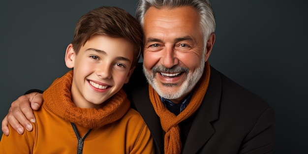 Grandfather and cute little son have fun on studio background