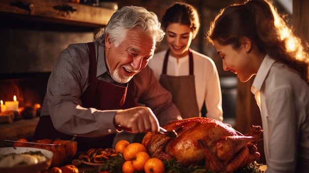 Grandfather cutting turkey for family on thanksgiving dinner