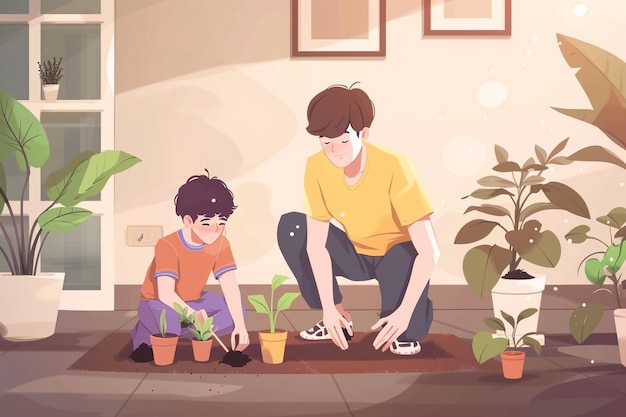 Grandfather gardening and teaching grandson take care plant indoors