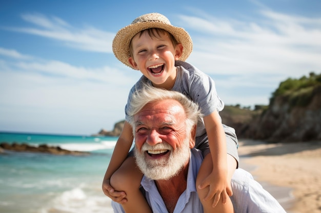 おじいちゃんが孫を背中に乗せて晴れた日にビーチに連れて行きます 幸せな年配の男性と孫が夏にビーチに乗り込んでいます AIが作成しました