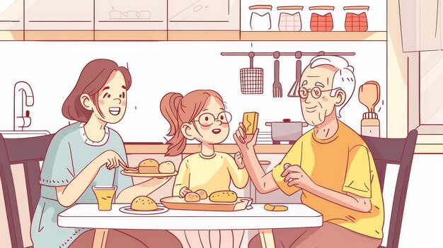 A grandfather and granddaughter eating bread together in the kitchen Hand drawn style modern illustrations