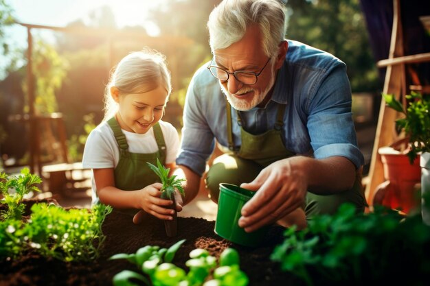 grandfather and granddaughter and a girl They are planting plants and vegetables in the garden blur