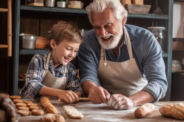 Grandfather and grandson baking together