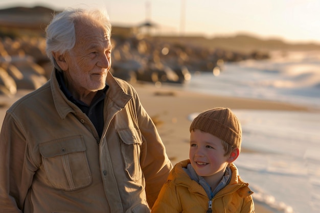 Photo grandfather and grandson enjoying walk on beach with ai generated