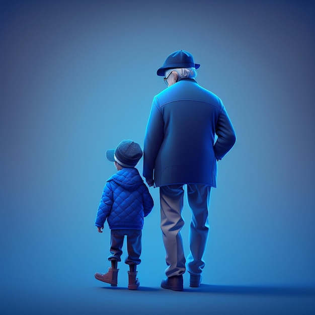 Grandfather and grandson looking at each other on blue background Happy Fathers day Concept