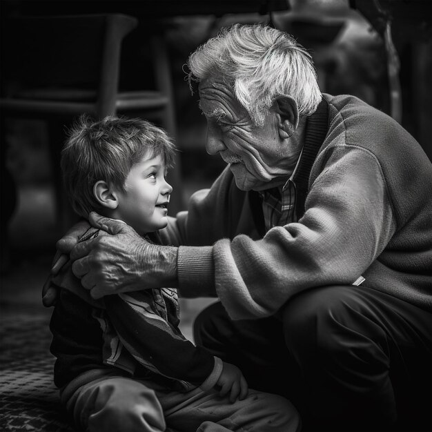 Foto il nonno e il nipote si guardano