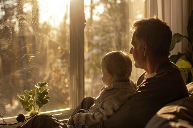 grandfather and grandson looking out the window