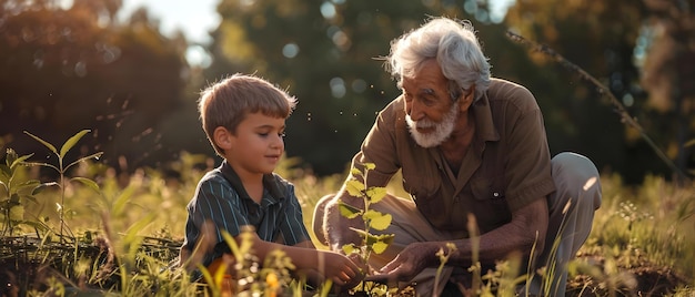 Photo grandfather and grandson planting a tree together bonding and creating memories in nature concept family bonding nature moments generational love creating memories