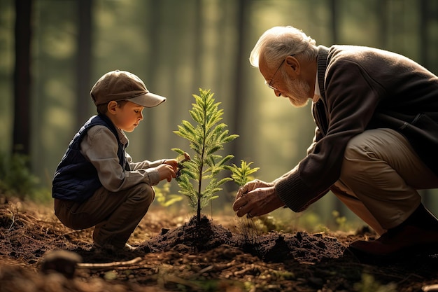 Grandfather and grandson planting trees in the forest created with technology