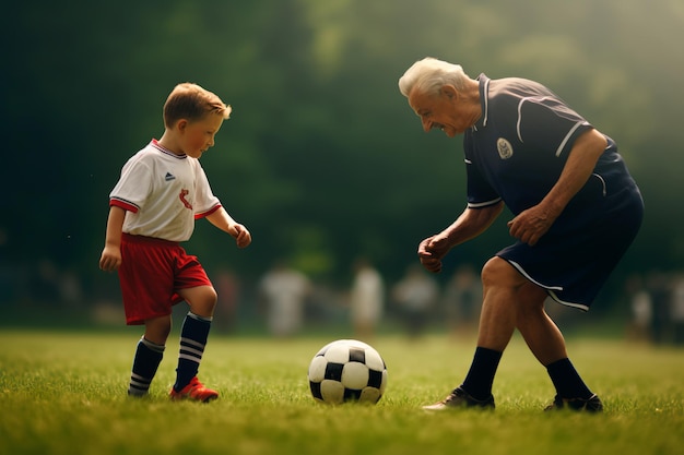 Grandfather and grandson play football Sports activities of an elderly person AI Generated