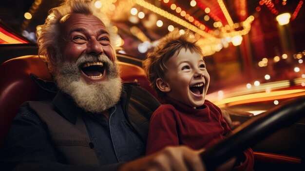 할아버지 와 손자 는 놀이 공원 에서 버퍼 자동차 를 운전 하는 동안 미소 짓고 재미 를 느다