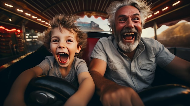 Grandfather and grandson smiling and having fun while driving in bumper car in amusement park