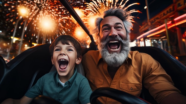 Grandfather and grandson smiling and having fun while driving in bumper car in amusement park