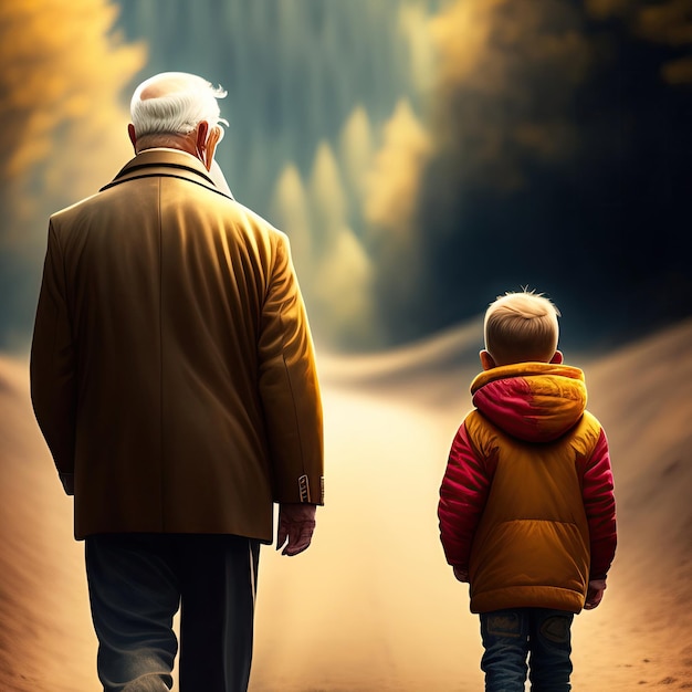 A grandfather and a grandson walking down a road