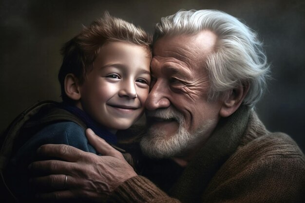 Grandfather and grandson in warm clothes hugging