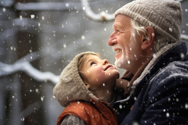 Grandfather and grandson warmly dressed in winter during snowfall embrace with smiles on faces