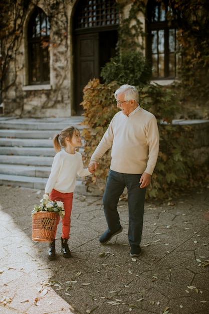 Grandfather having fun with his cute little granddaughter who holding basket full of flowers