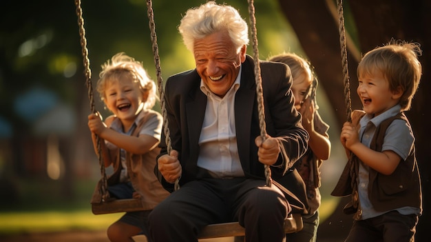 Grandfather and his grandchildren in a park having fun on a swing
