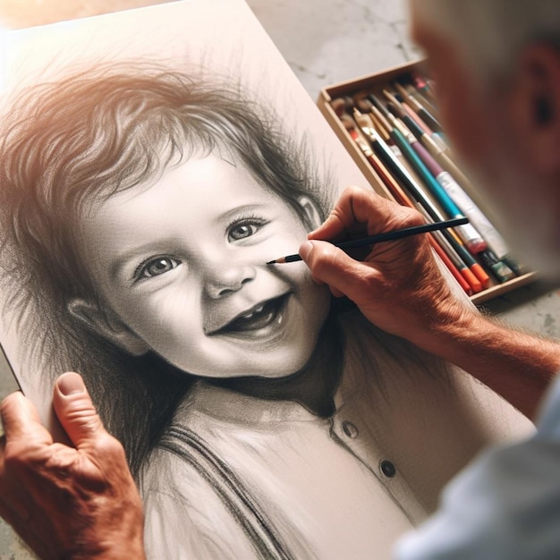 grandfather painting a portrait of his grandson childhood and family concept