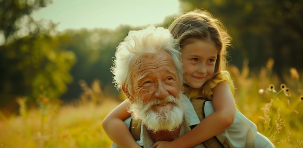 Photo grandfather piggyback his granddaughter outdoors