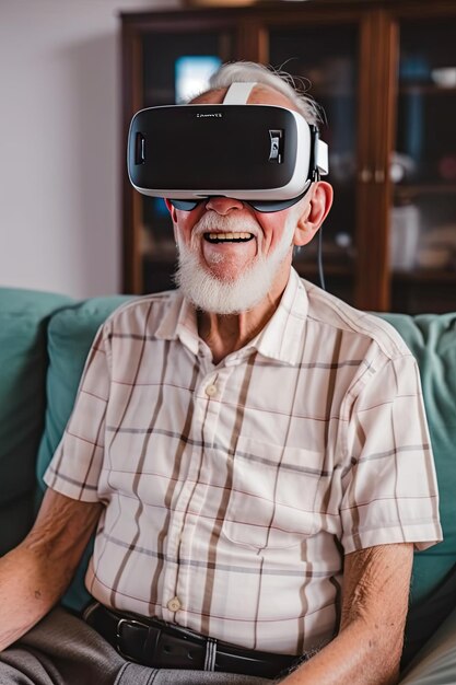 grandfather playing exciting video games using virtual reality headsets at homeai generated