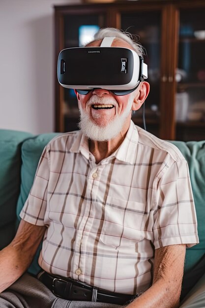 Grandfather playing exciting video games using virtual reality headsets at homeai generated