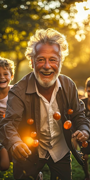 Photo grandfather playing with grandchildren