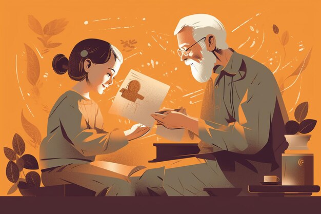 Grandfather reading a book to his granddaughter 3d illustration