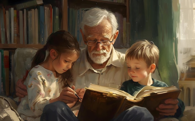 Photo grandfather reading book with kids and celebrate world book day