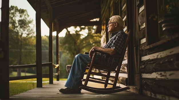 Photo grandfather sat in a rocking chair on the porch ai generated image