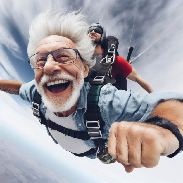 a grandfather showing courage and having fun by skydiving wide angle shot ai generative