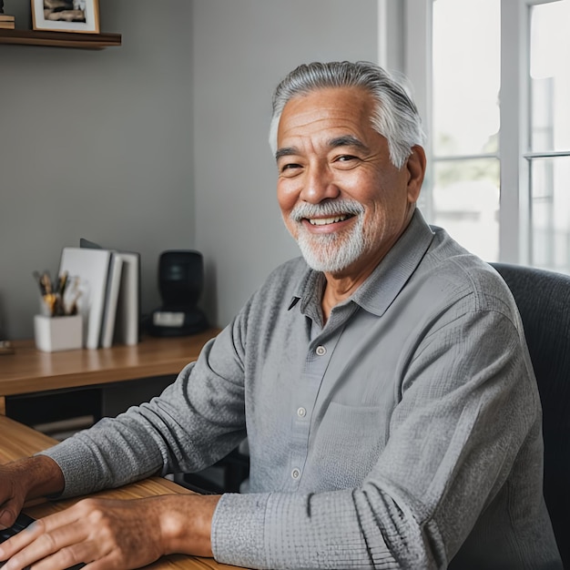 a grandfather sitting at a desk