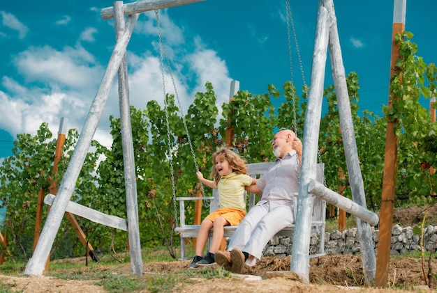 Grandfather and son swinging in garden granddad and grandchild playing on swing