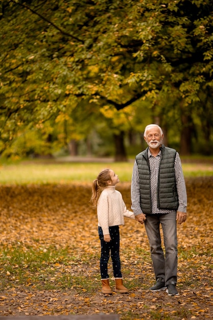 Дедушка проводит время со своей внучкой в парке в осенний день