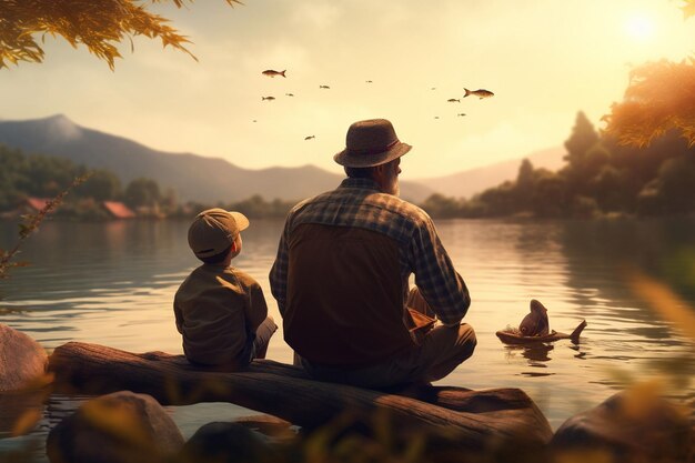 Grandfather teaching grandchildren to fish by a generative ai