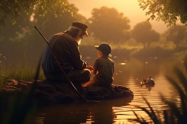 Grandfather teaching his grandchild to fish by a generative ai