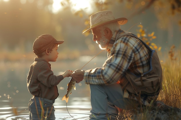 Foto nonno che insegna a suo nipote a pescare