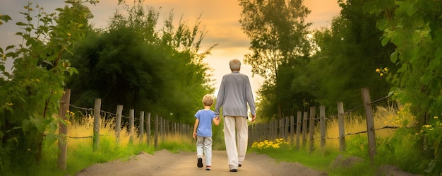 Grandfather walking together with his grandchild at sunset Concept of happy grandfather day grandparents day