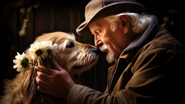 개를 키우는 할아버지 노인과 애완동물 사이의 특별한 유대감 애완동물이 노인의 정신적, 정서적 안녕에 미치는 긍정적인 영향